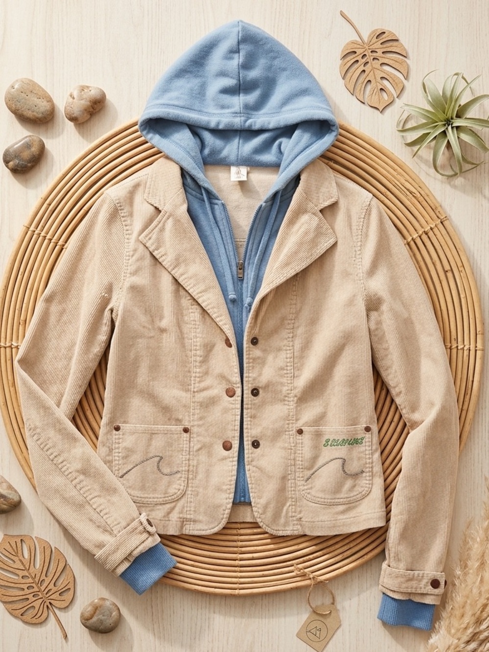 BILLABONG Vintage Y2K Tan Corduroy Hooded Layered Jacket | Embroidered Wave